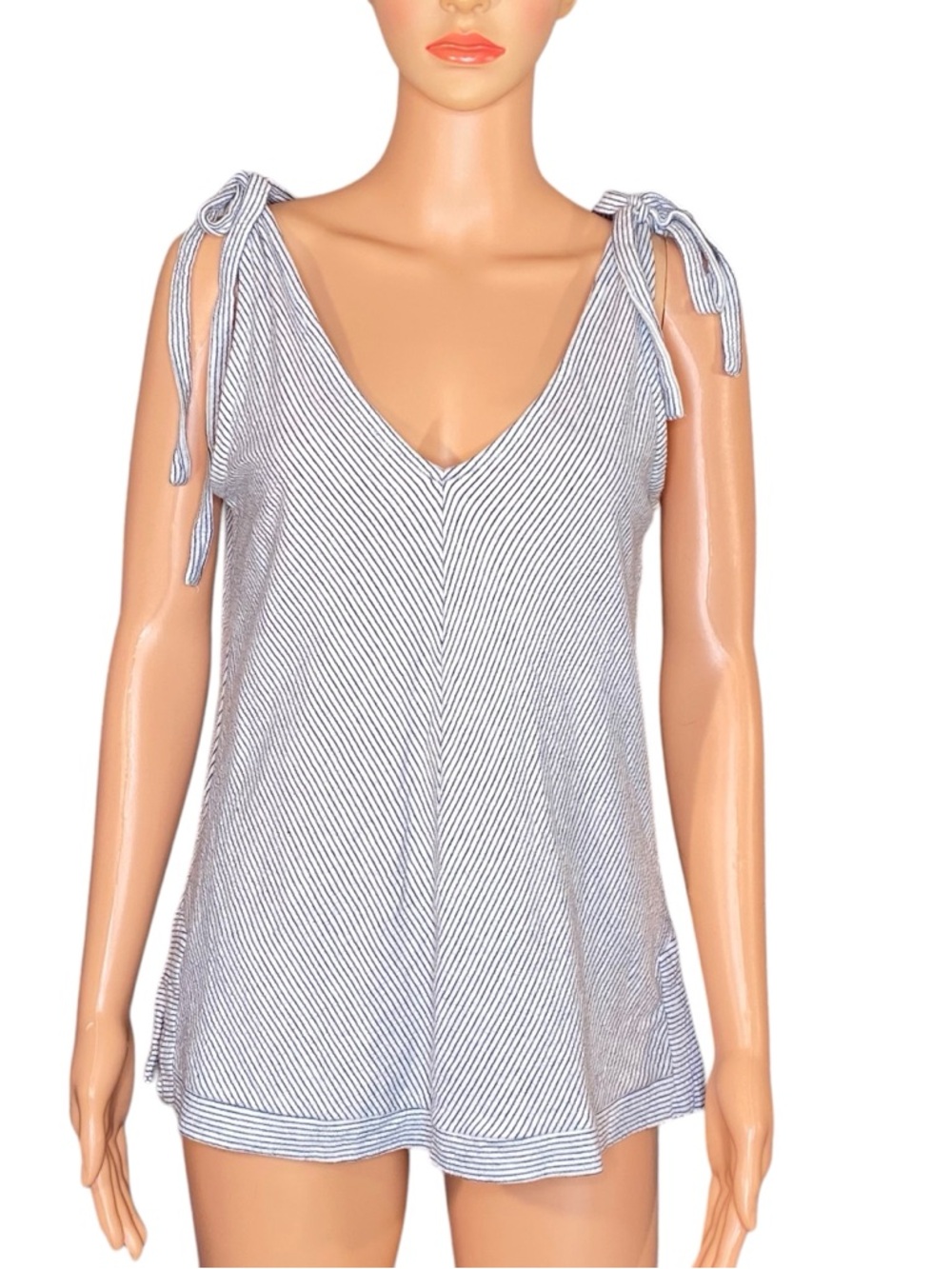 Lucky Brand Striped Tank Tie Shoulder V-Neck Blue White V Neck Open Back SZ SM